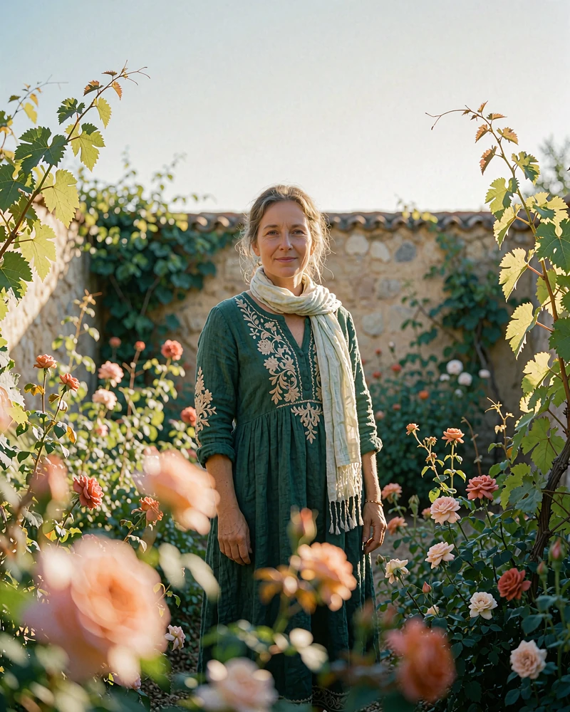 Afghan woman in an embroidered emerald dress standing serenely in a walled rose garden