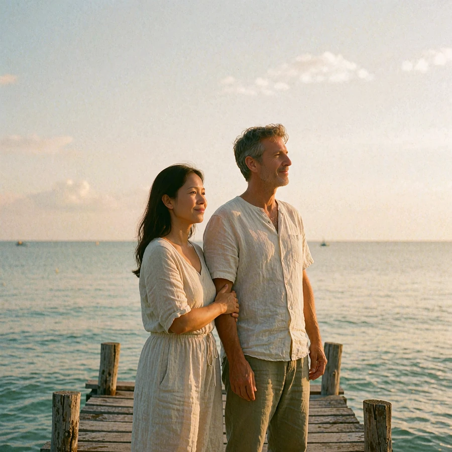 Couple standing together at the end of a wooden pier at sunset, looking out over calm water