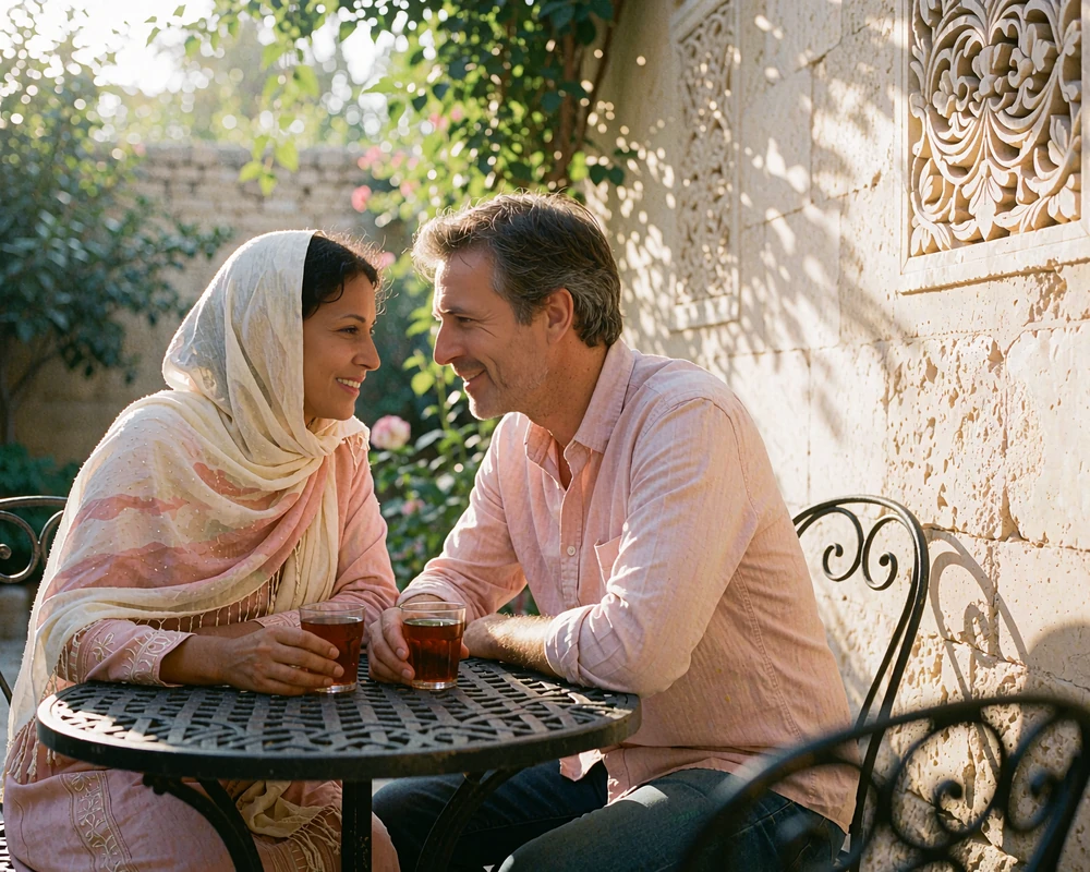 Yemeni woman and a Western man sharing tea at a small courtyard table, leaning in mid-conversation