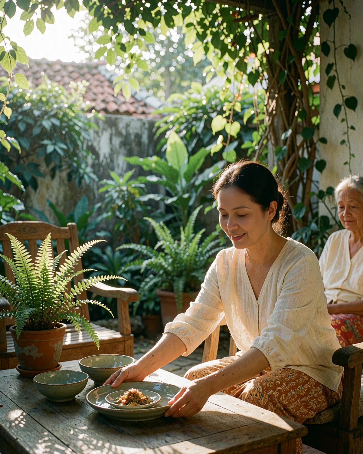 Thai woman placing a shared dish on a wooden table in a leafy family courtyard