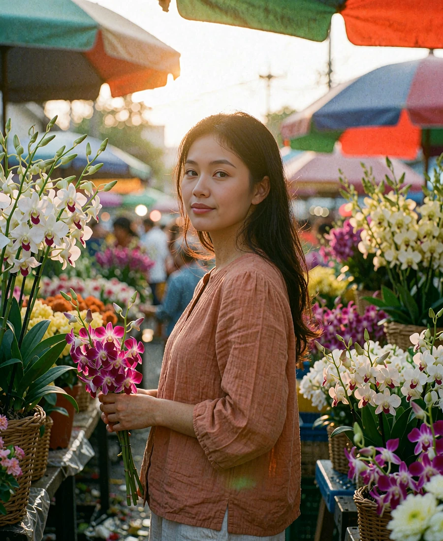 Thai woman holding purple orchids in a shaded flower market
