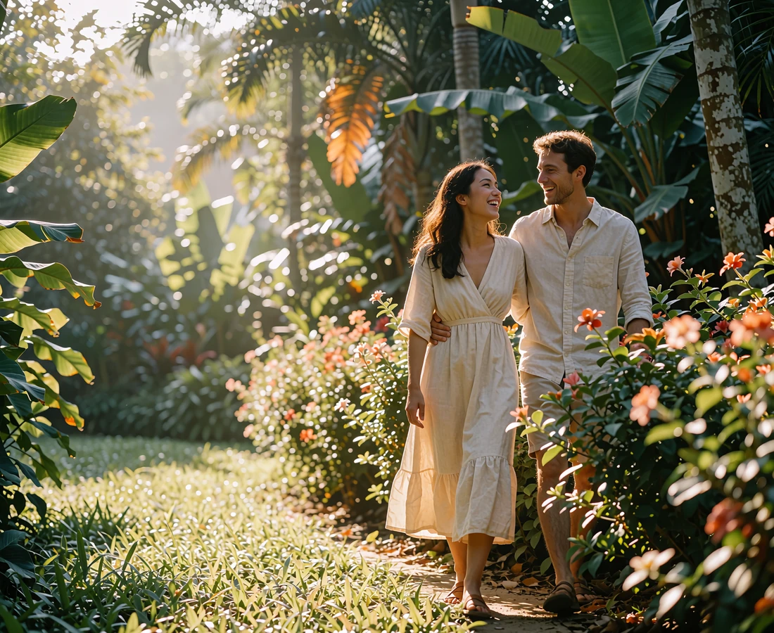 Couple walking together along a flowering garden path, laughing at late afternoon light