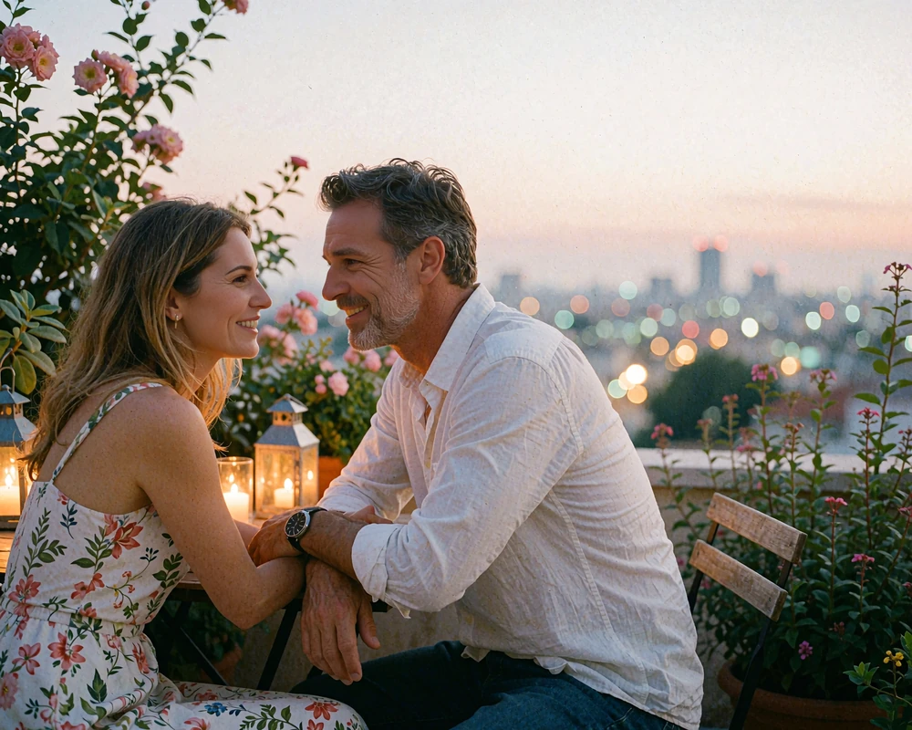 Couple sharing dinner at a rooftop table at dusk with soft lantern light