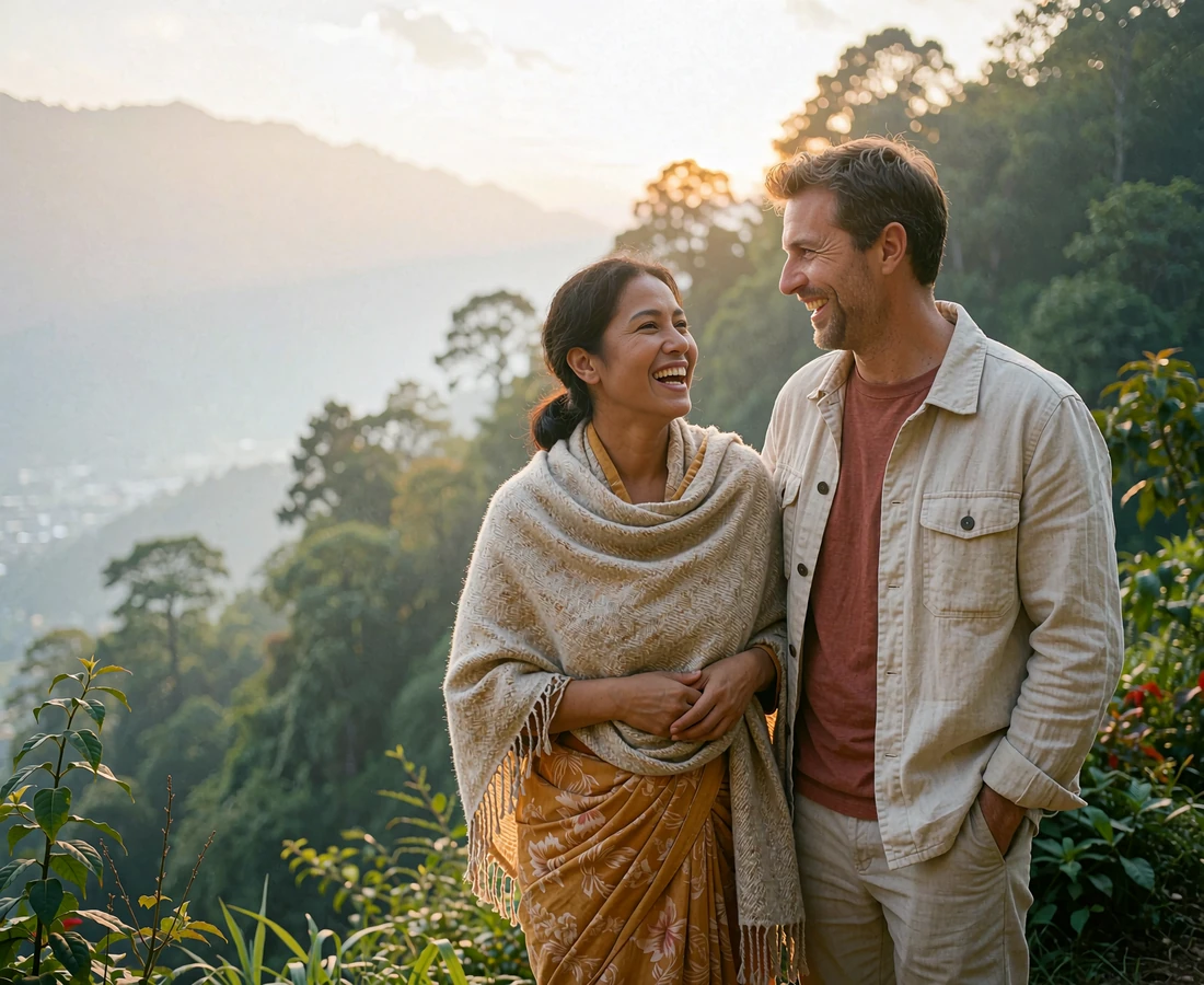 Couple laughing together at a hillside overlook above a misted Himalayan valley