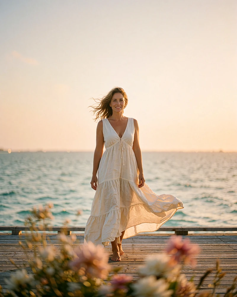 Maldivian woman in a flowing ivory maxi dress standing on a wooden deck with the lagoon glowing at sunset behind her
