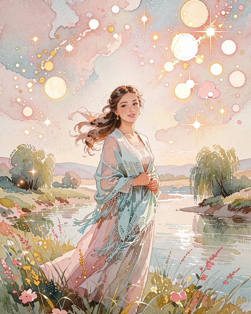 Kyrgyz woman in a light blue shawl standing on a grassy riverbank with willows and pale sky behind her