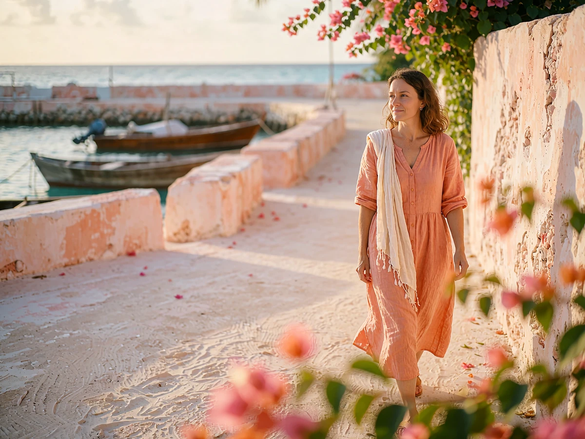 Maldivian woman in a coral-toned dress walking along a whitewashed harbour path near moored wooden boats