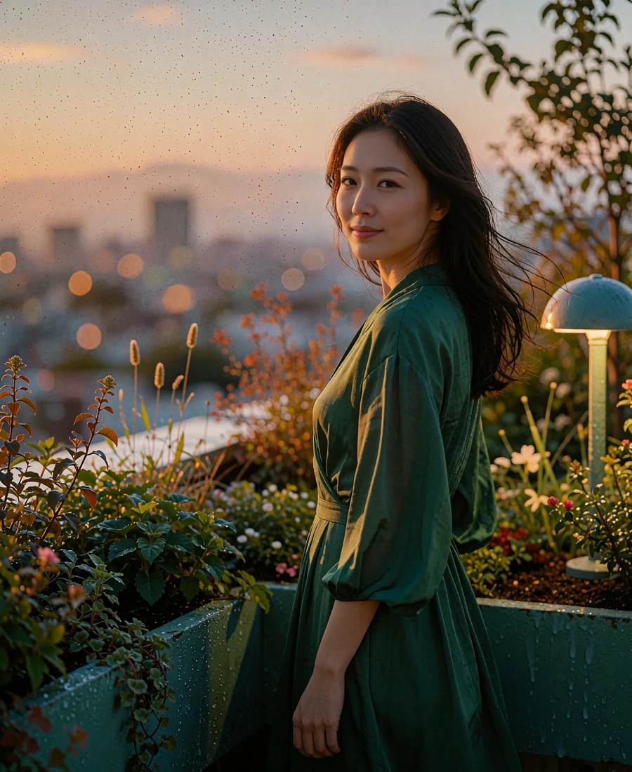 Korean member in a deep-green dress standing on a planted rooftop terrace at dusk