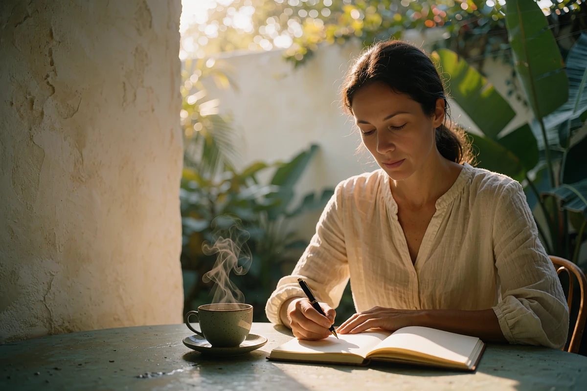 A woman sits at an outdoor table with an open notebook and tea, thinking through plans