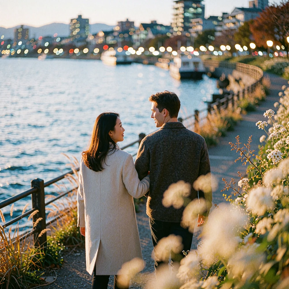 Couple walking together along a quiet riverside promenade at dusk, heads turned toward each other