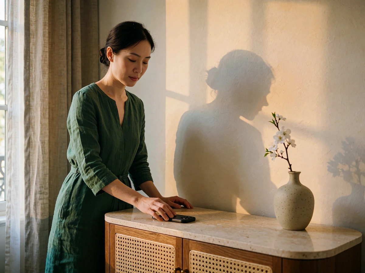 Elegant Asian woman in a deep green linen dress setting a phone face-down on a console table