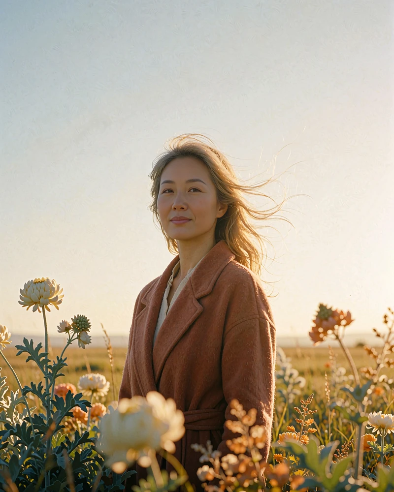 Mongolian woman in a rust-toned coat standing on open grassland at golden hour