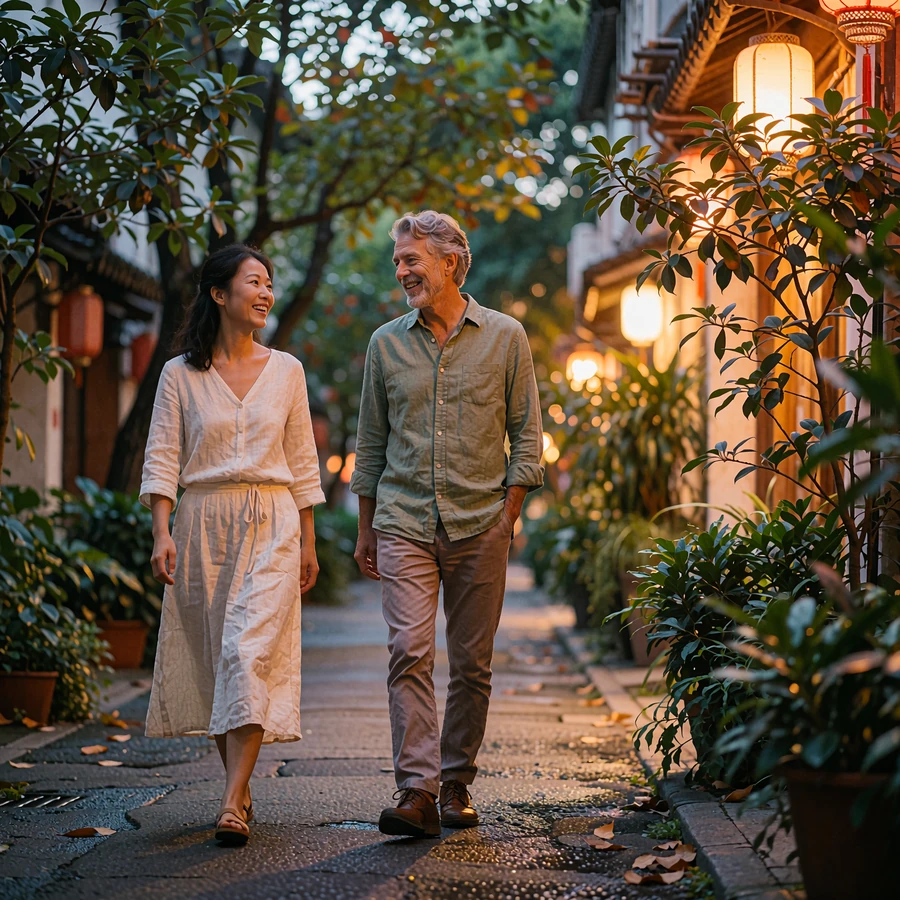 Couple walking slowly along a tree-lined evening street, turned toward each other mid-conversation