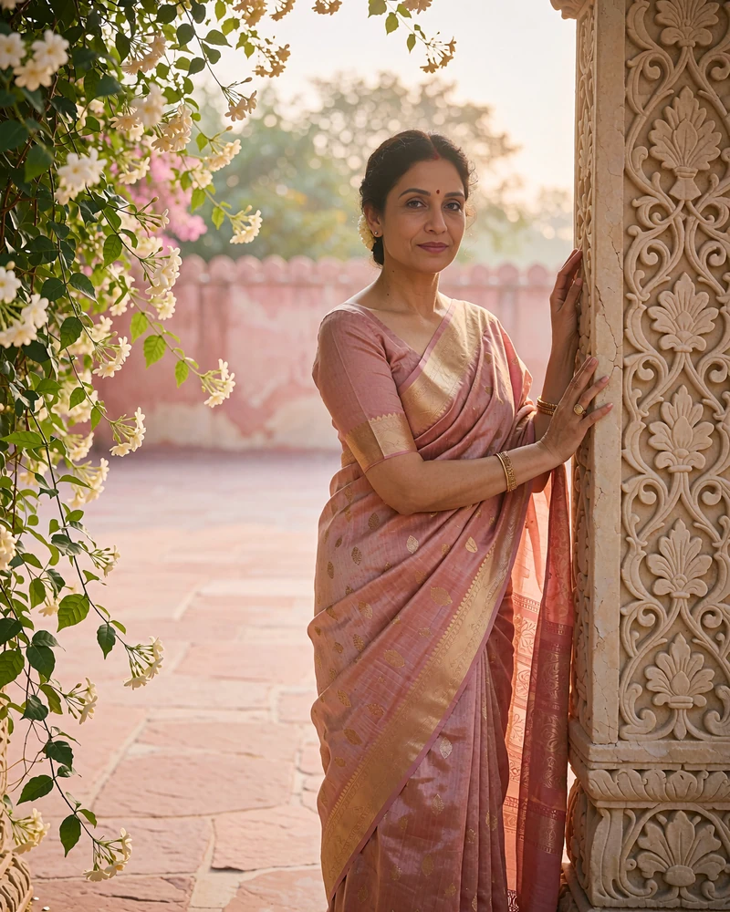 Indian member in a muted rose silk saree standing beside a carved stone pillar