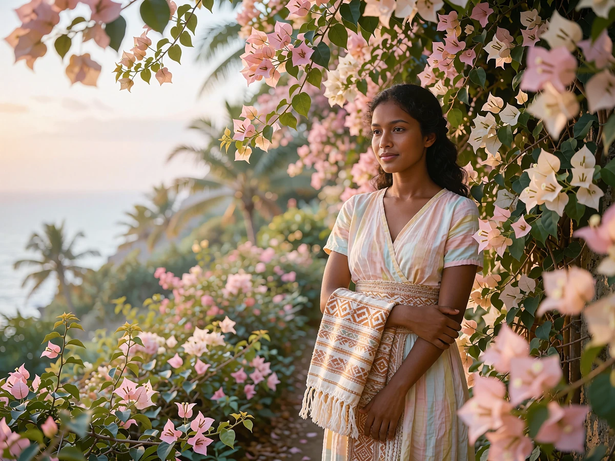 Timorese woman holding a handwoven patterned cloth beside a bougainvillea-covered wall