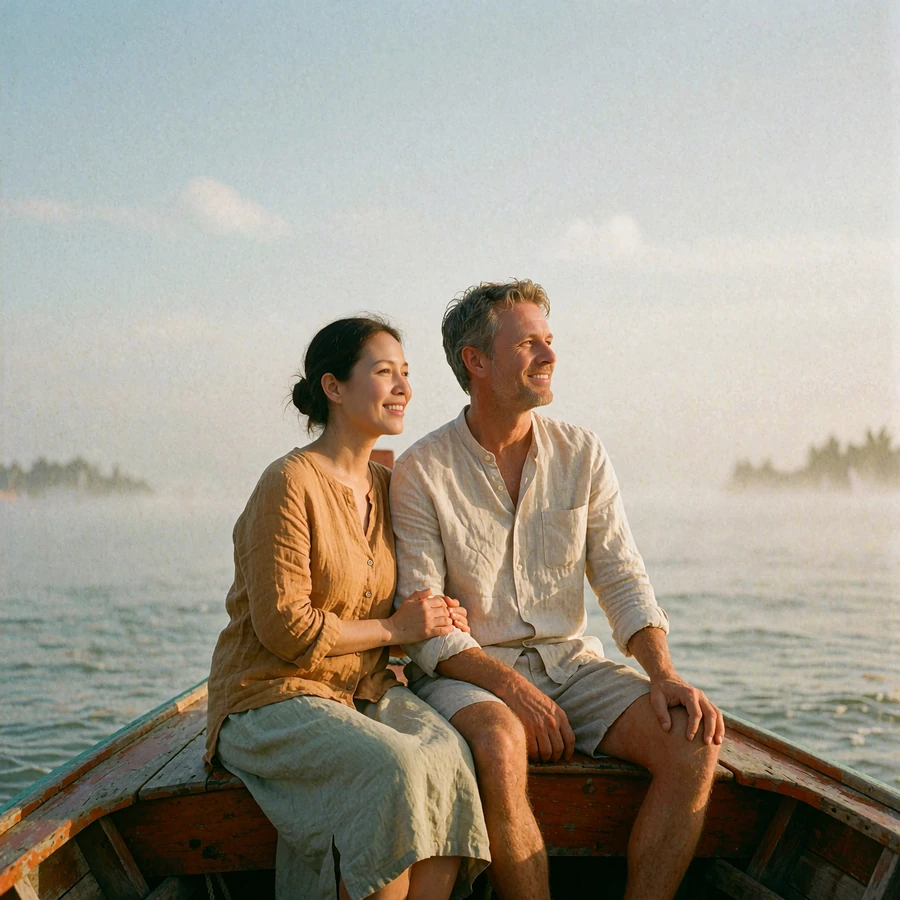 Couple sitting together on the bow of a small wooden boat looking out over a calm bay