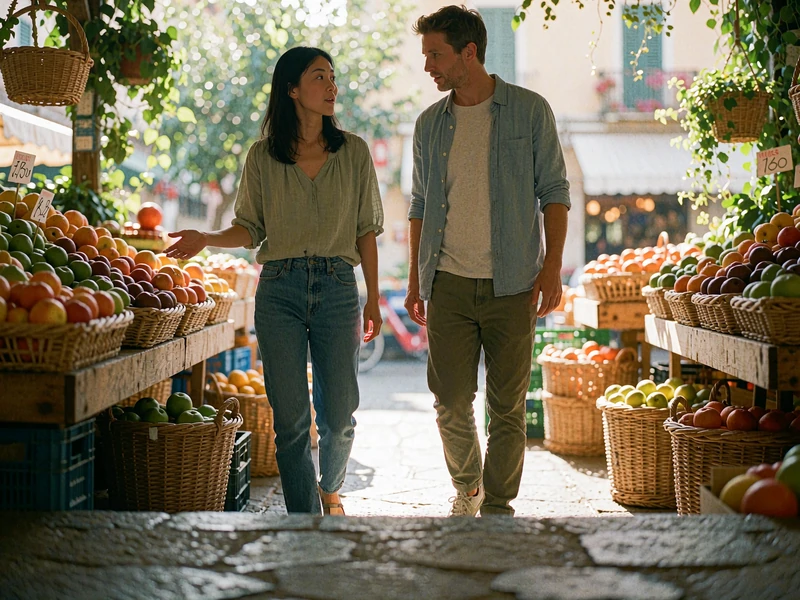 An Asian woman and a Western man walking together through a sunlit produce market, talking and smiling