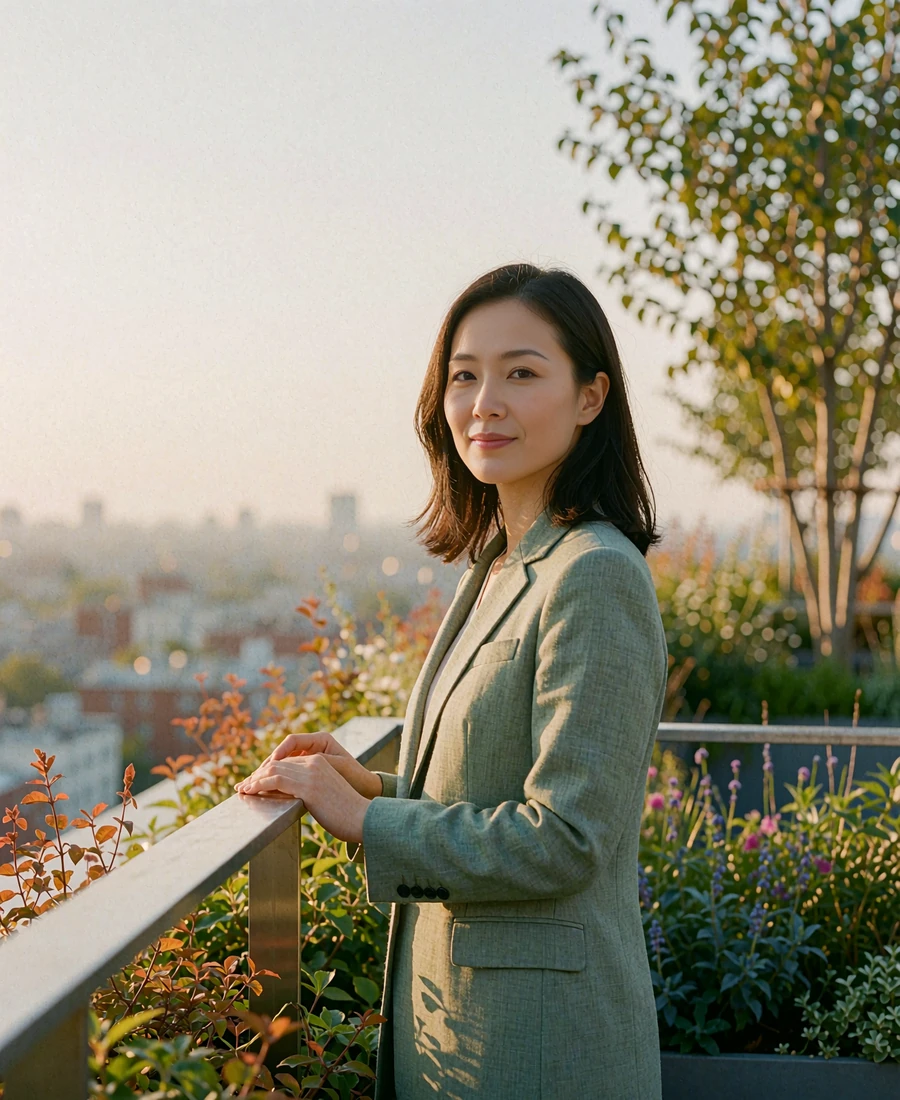 Chinese woman in a tailored sage blazer standing on a planted city terrace with a skyline behind her