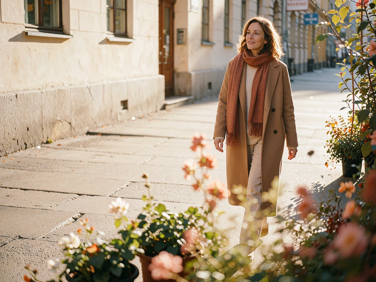 Mongolian woman in a camel coat walking along a sunlit city sidewalk in Ulaanbaatar