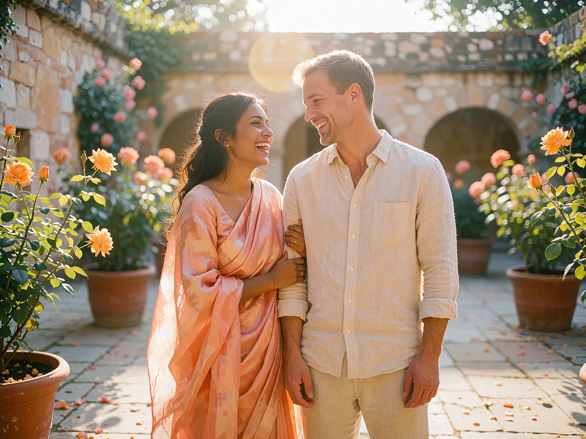 Indian woman in a soft coral silk drape laughing with a Western man in a sunlit heritage courtyard