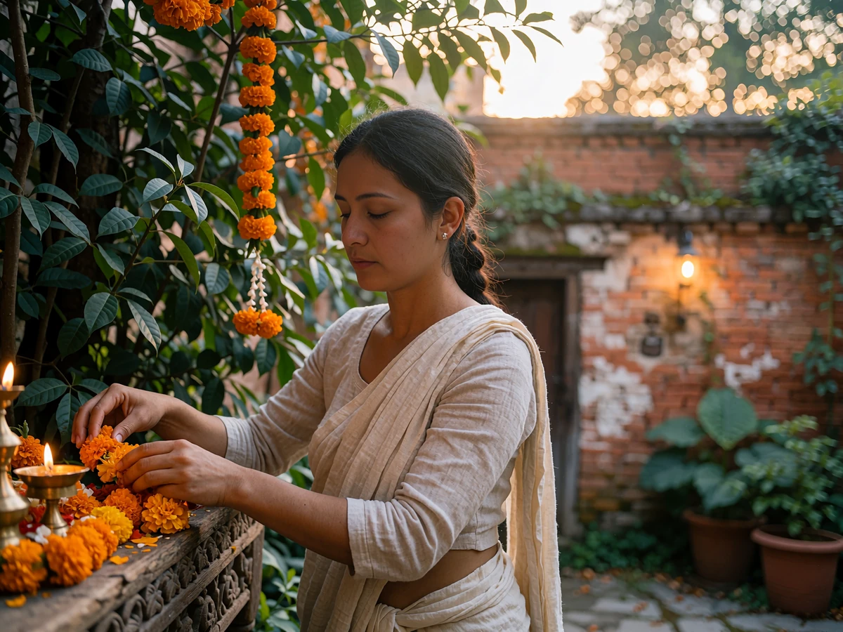Nepalese woman arranging marigold garlands and brass lamps on a carved wooden courtyard ledge