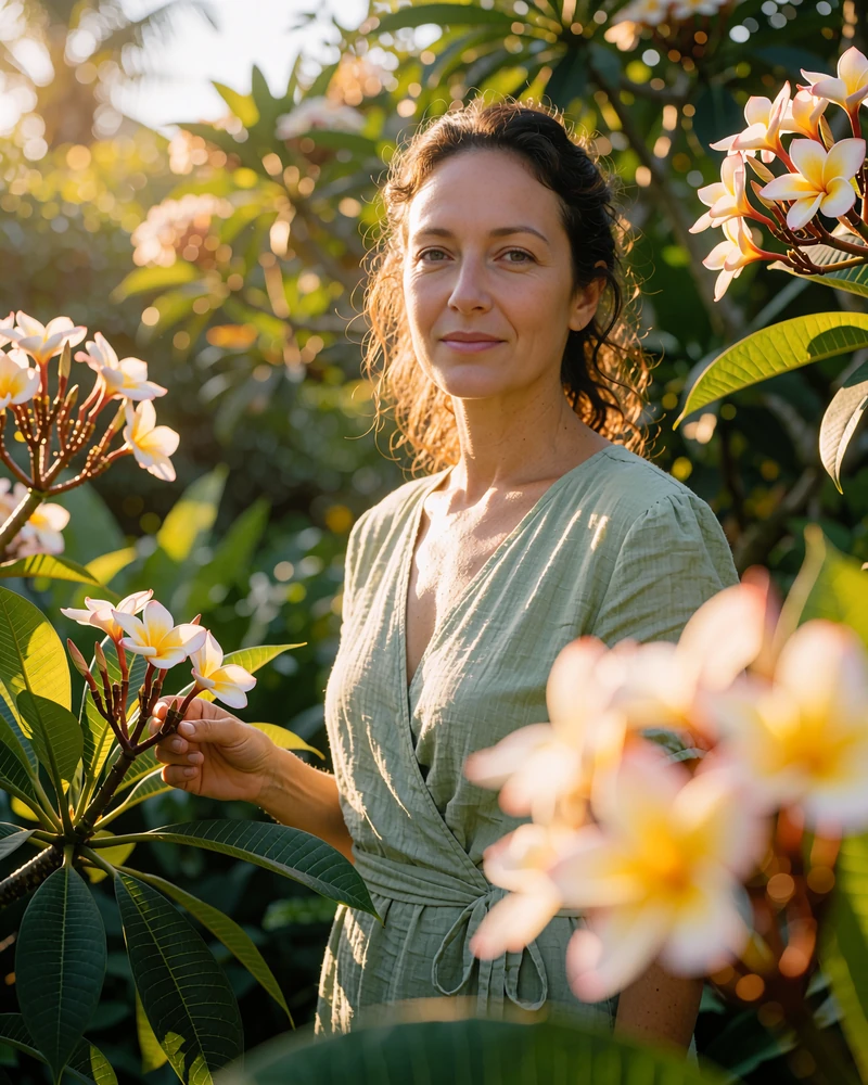 Maldivian woman in a sage-green wrap dress standing beside a frangipani branch in a lush tropical garden