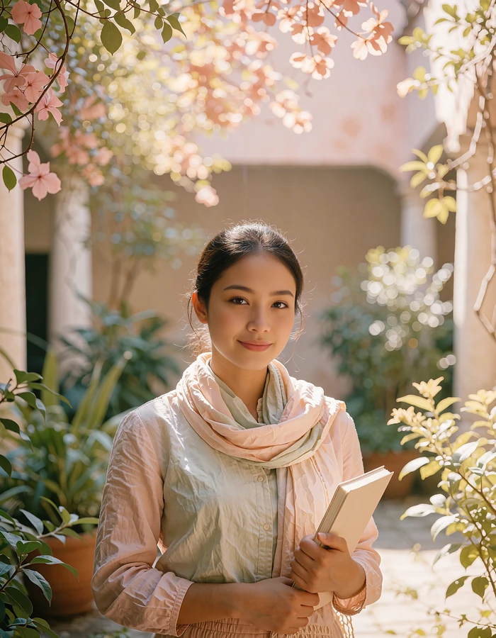 Bruneian member holding a closed notebook in a shaded garden courtyard, smiling gently toward the camera