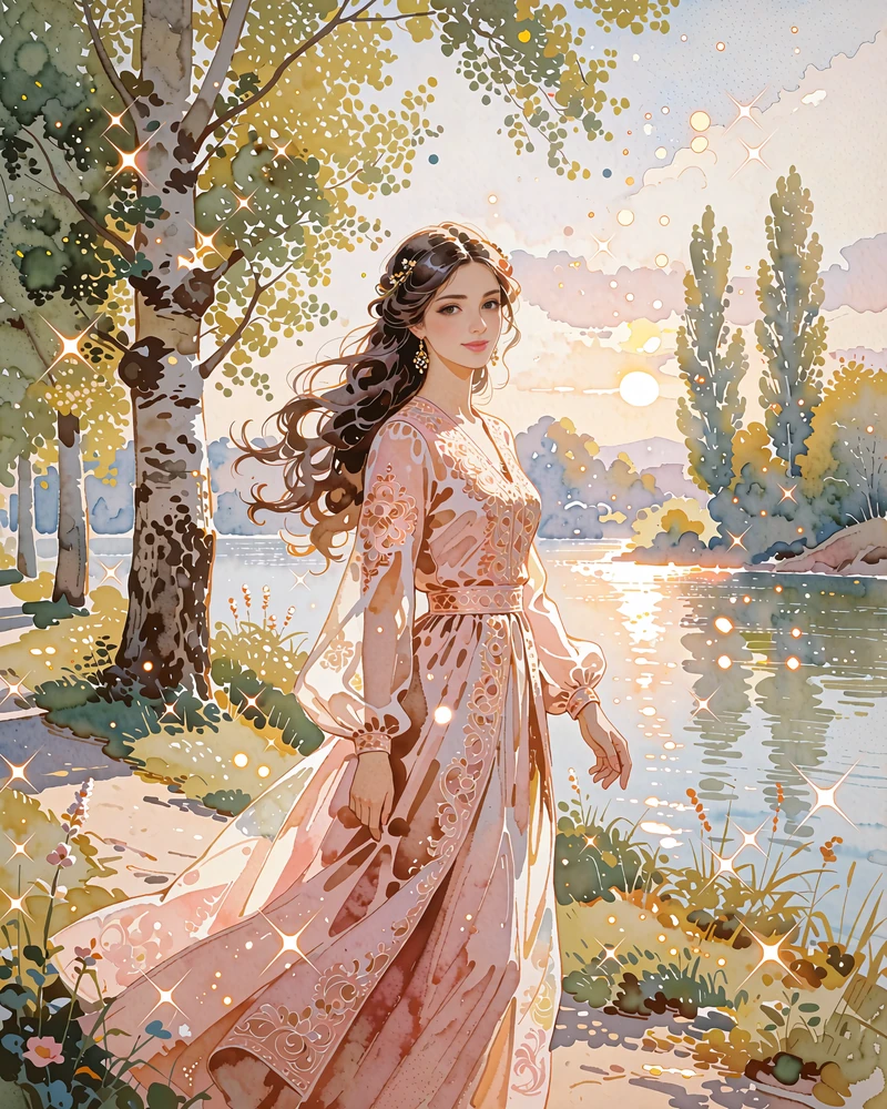Tajik member in a flowing rose embroidered dress walking along a tree-lined river path