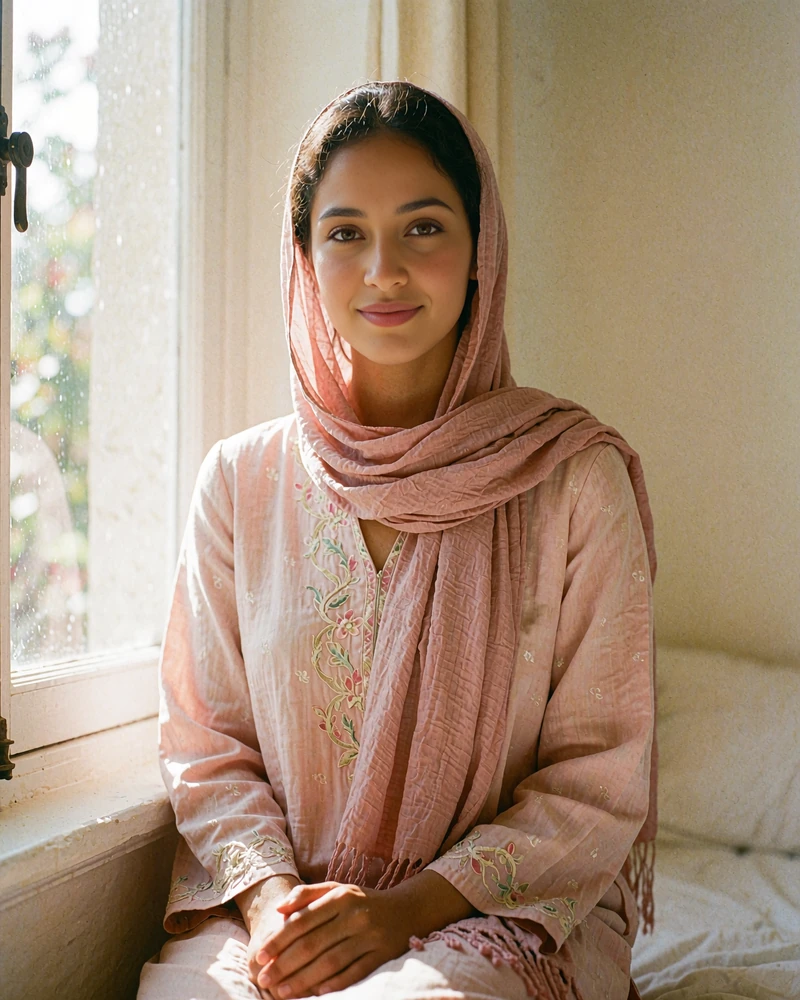 Yemeni woman in a soft rose headscarf seated by a bright window with a calm warm smile