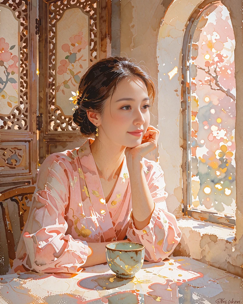 Uzbek woman seated beside a sunlit arched teahouse window holding a ceramic cup