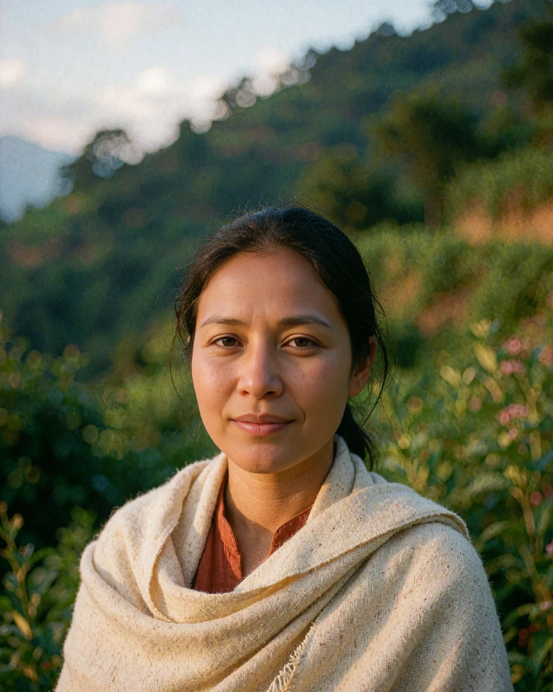 Nepalese member wrapped in a cream wool shawl smiling warmly on a hillside terrace