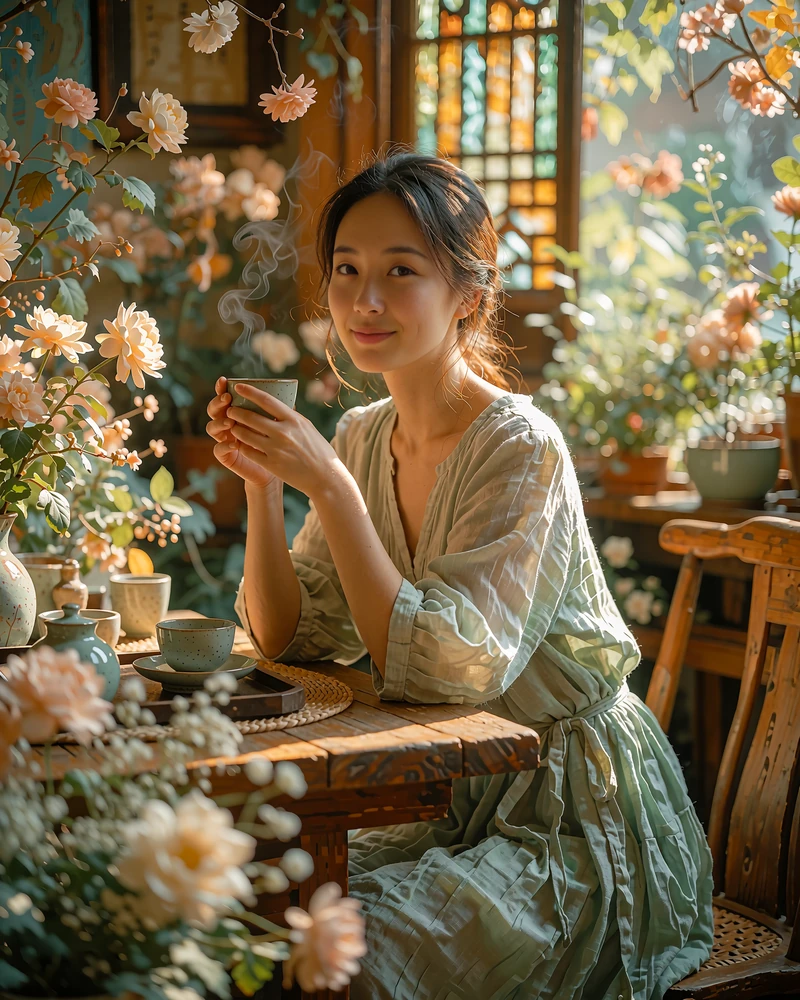Taiwanese member in a sage linen dress holding a ceramic tea cup at a wooden tea-house table