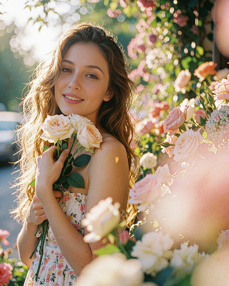 Armenian member holding a small bunch of pale roses at a flower market stall