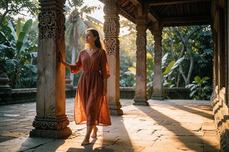 Asian woman in a terracotta dress walking slowly through a sunlit stone courtyard framed by timber columns