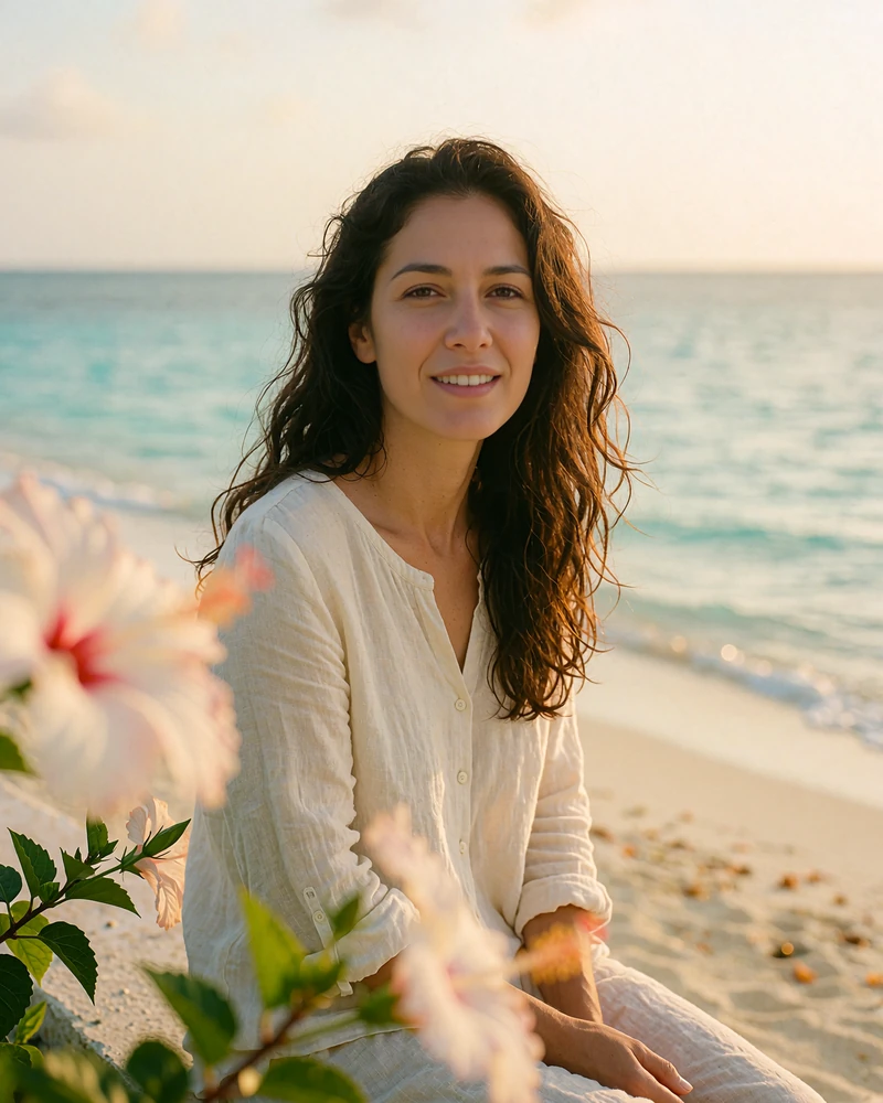 Maldivian woman with long dark wavy hair smiling warmly while seated on a low seawall beside turquoise water
