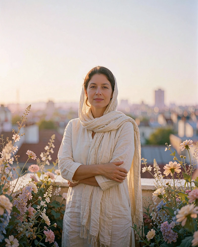 Afghan woman in a cream tunic standing on a balcony at dusk with a softly blurred city behind her