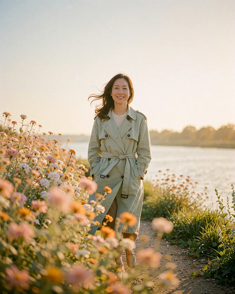 Korean member in a light sage trench coat walking along a riverside path at golden hour