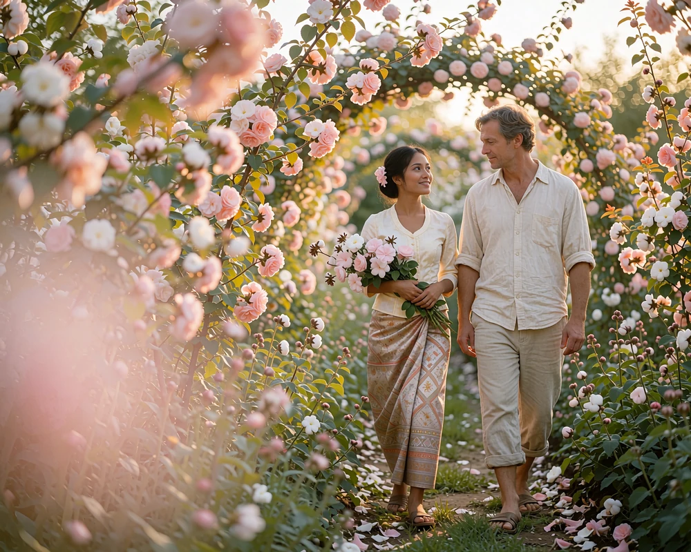 Couple walking together through a flower-lined garden lane, talking quietly