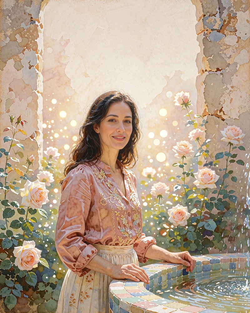 Turkmen member in a rose silk blouse standing beside a tiled courtyard fountain