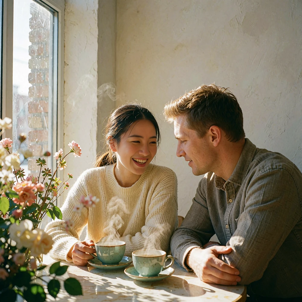Couple sharing tea and laughing at a small cafe table beside a window