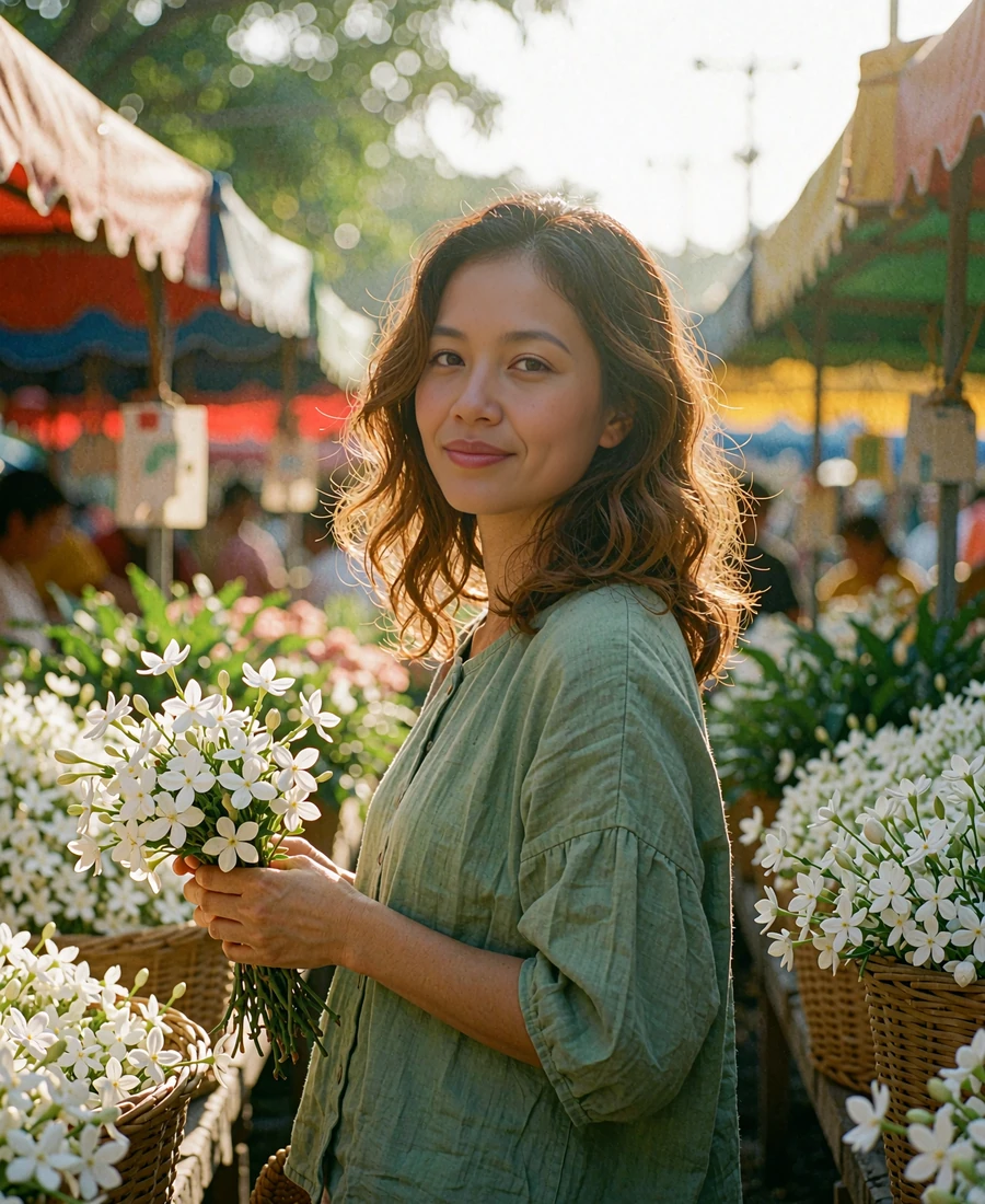 Filipina member in a sage green blouse holding white sampaguita flowers in a shaded market aisle