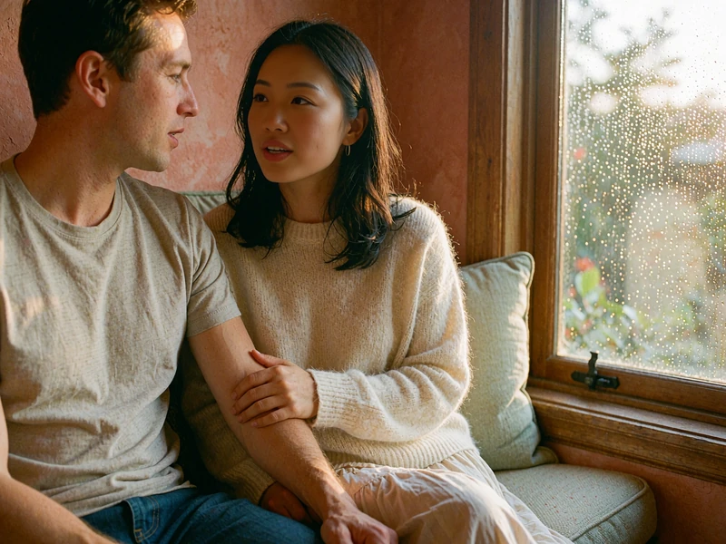 Asian woman and man sitting close on a window seat in quiet conversation during soft rainy daylight