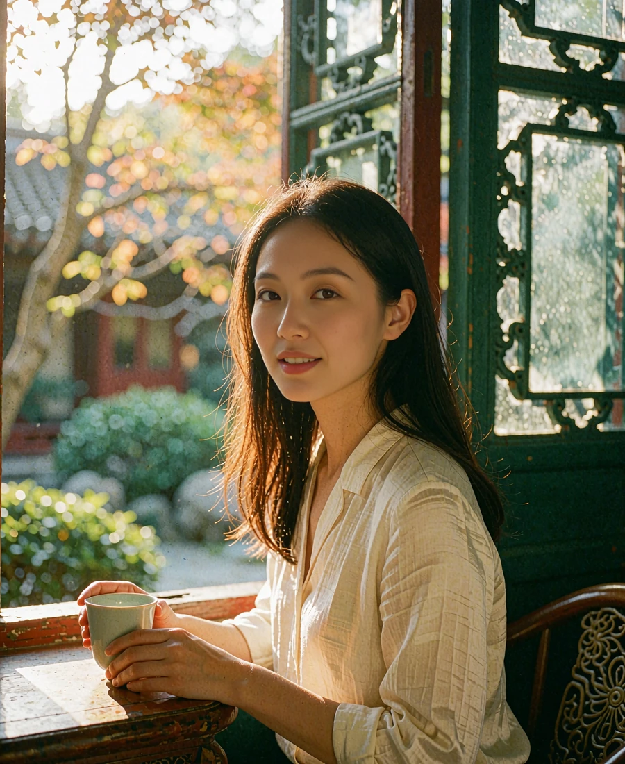 Chinese woman in an ivory blouse seated by a latticed teahouse window with a porcelain cup nearby