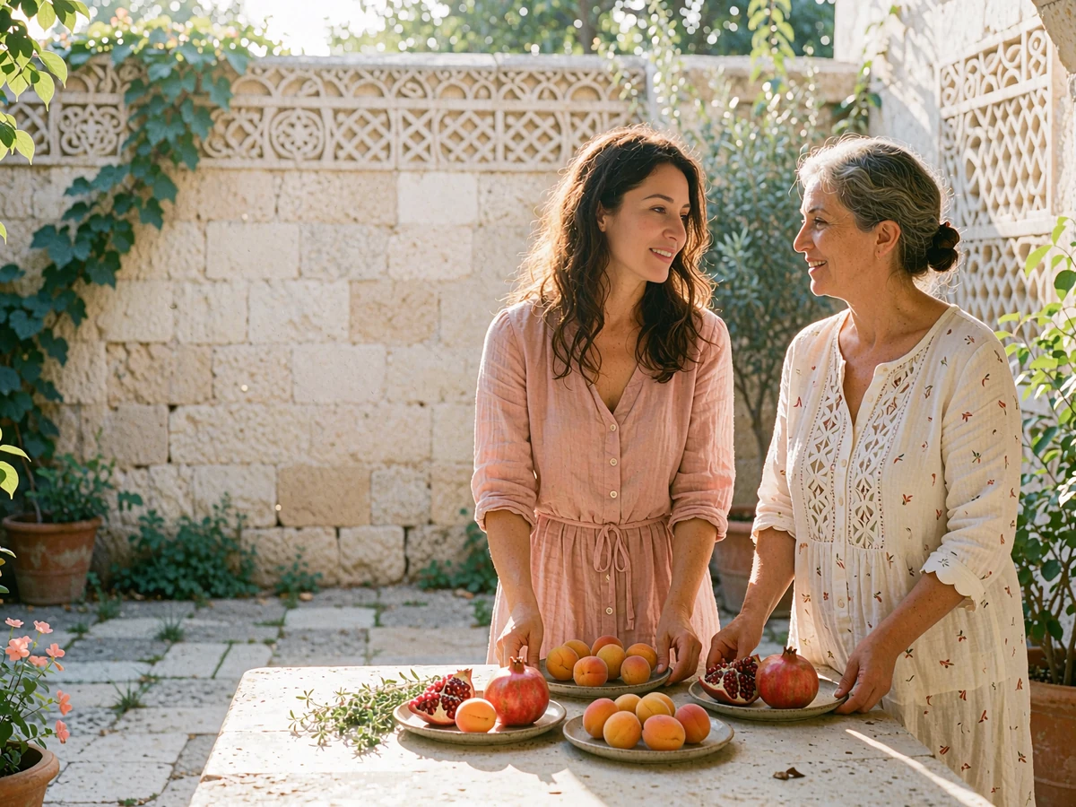 Two Armenian women arranging apricots and pomegranates on ceramic plates at a sunlit stone courtyard table