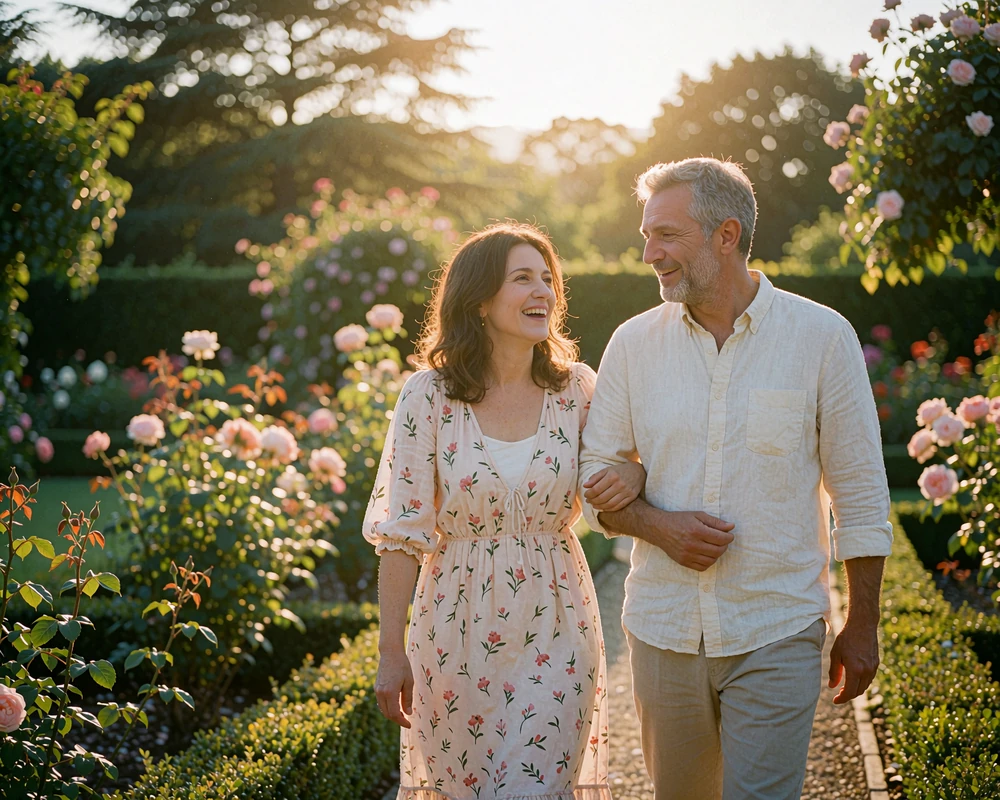 Armenian woman and a Western man in their forties walking together along a garden path at golden hour