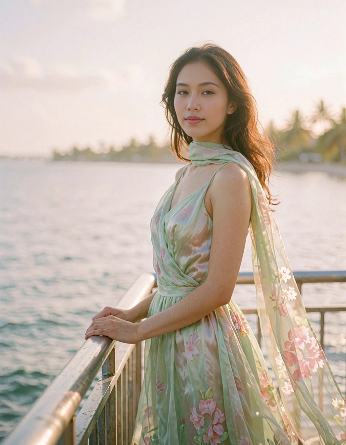 Bruneian member in a pastel green gown resting a hand on a waterfront railing at golden hour