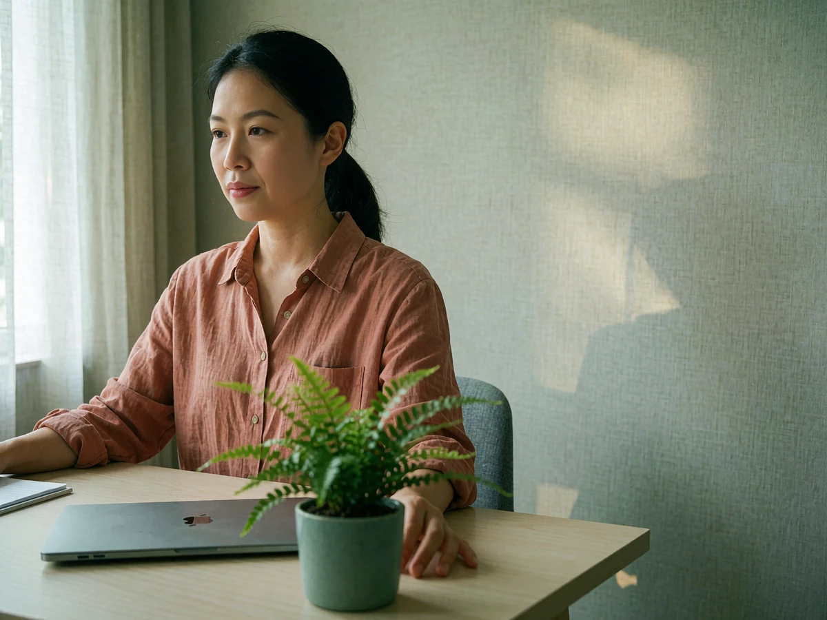 A composed Asian woman in a muted terracotta shirt working calmly at a pale wood desk beside a closed laptop and a small potted fern