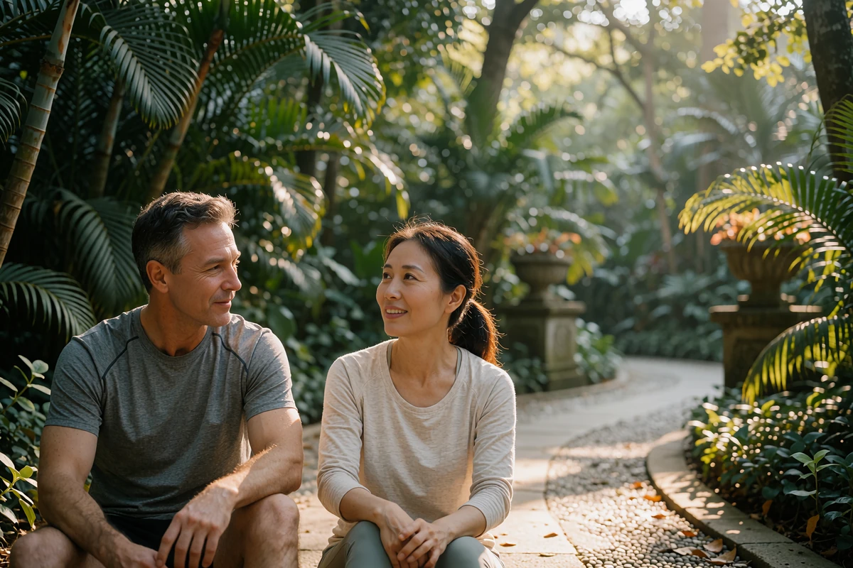Fit man in his late forties walking a shaded garden path in easy conversation with an Asian woman in her late thirties