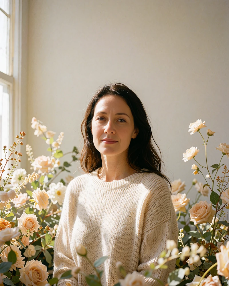 Mongolian woman in a cream knit sweater smiling in soft window light against a plain wall