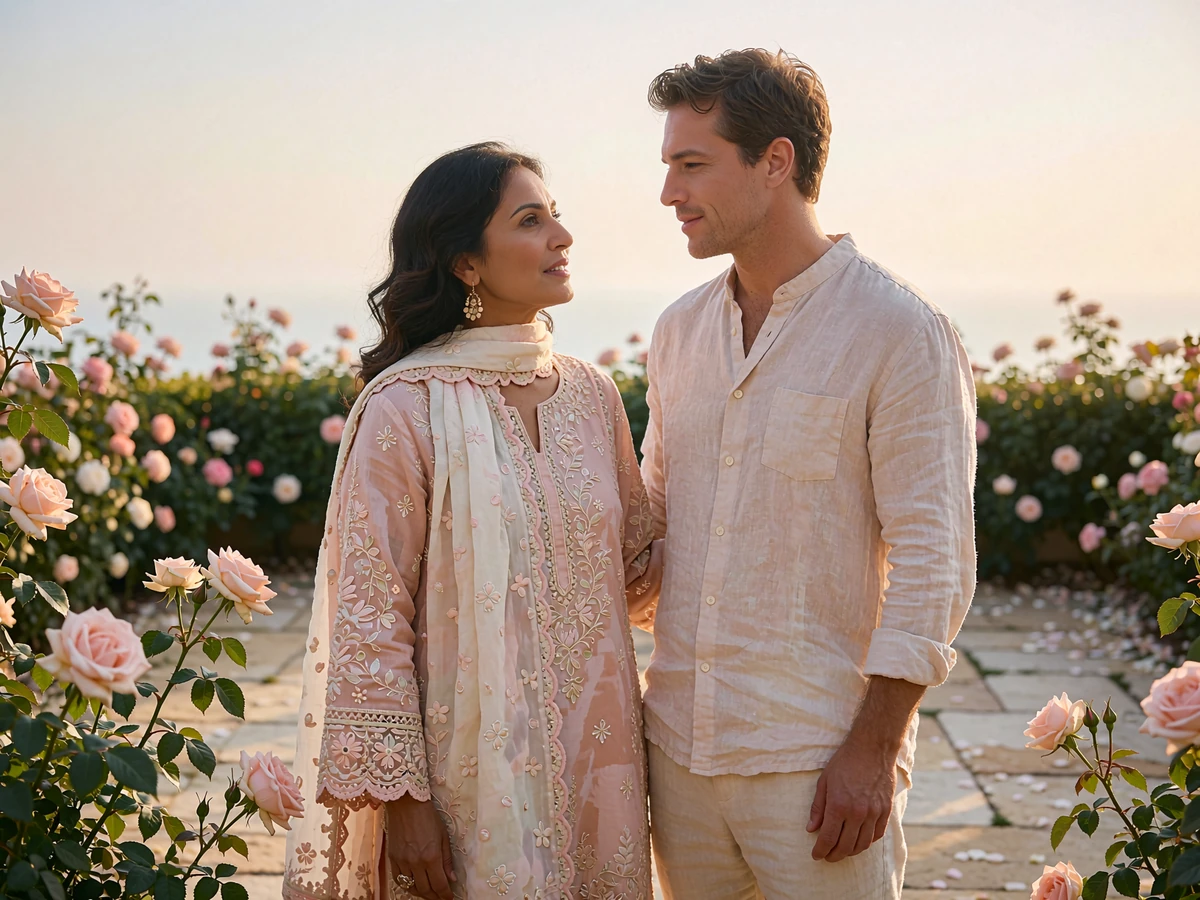 Pakistani woman and a Western man standing together in quiet conversation on a rose-lined garden terrace